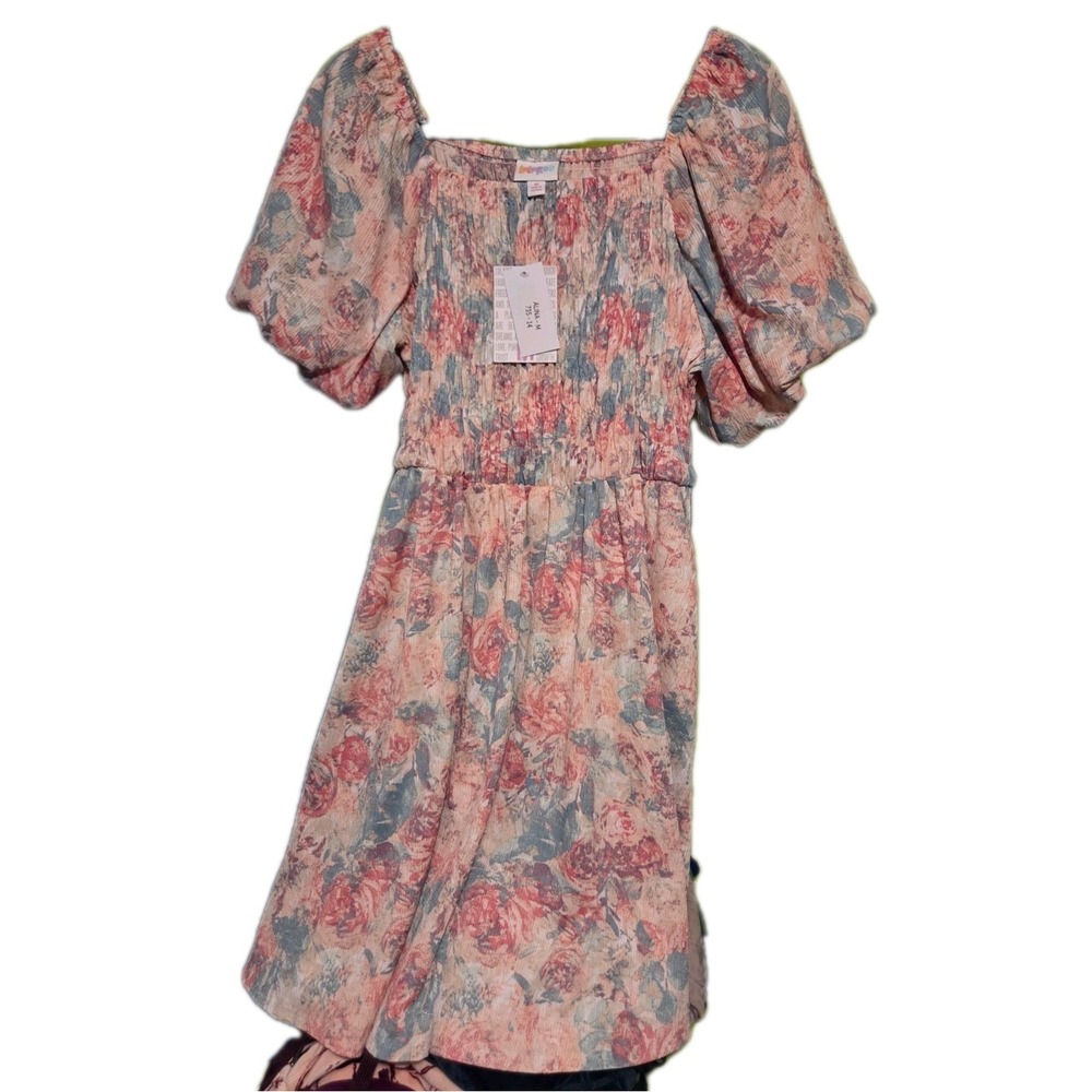 Lularoe MED Pink Floral Alina Puff Sleeve Smocked Nap Dress Knee Length NWT
